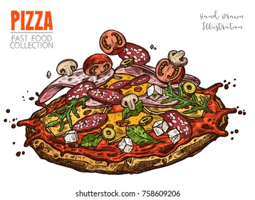 Pizza with salami, ham, cherry tomatoes, feta, olives, mushrooms and cheese. Tasty popular dish, whole Italian pizza. Handdrawn vector colorful isolated food for menus, posters and other design needs.