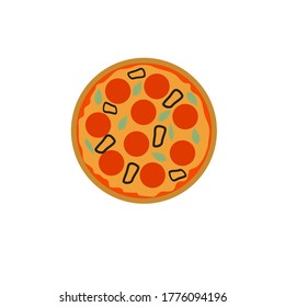 Pizza with salami isolated flat illustration. Pizza vector. On a white background. View from above. The whole