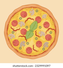 pizza with salami, mushrooms, paprika, olives and cheese