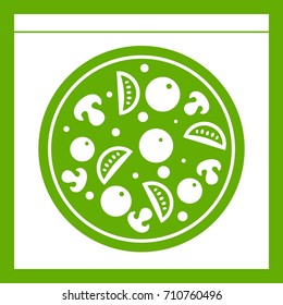 Pizza with salami, mushrooms, tomatoes icon white isolated on green background. Vector illustration