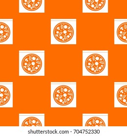 Pizza with salami, mushrooms, tomatoes pattern repeat seamless in orange color for any design. Vector geometric illustration