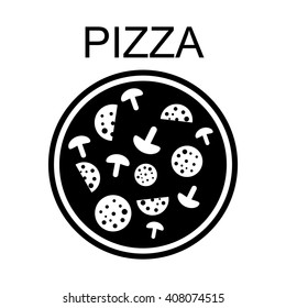 Pizza with salami and mushrooms.Vector icon.
Pizza on a white background.
A whole pizza with mushrooms and salami.
