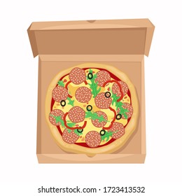 Pizza with salami, olives and cheese in a cardboard box. The view from the top. 