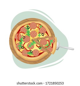 Pizza with salami, olives and cheese. The view from the top. Vector illustration.