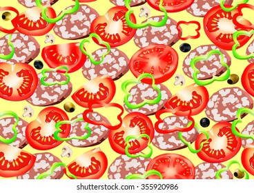 Pizza with salami, peppers, tomatoes, pattern texture. Vector illustration