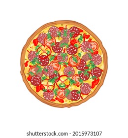 Pizza with salami pieces, tomatoes, bell peppers, olives and basil. Traditional italian fast food. Top view meal isolated on white background. Cartoon flat style. Vector illustration