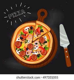 Pizza with salami, sausage, mushrooms, onion, olives, tomatoes; slice. Pizza delivery. Pizza on chalkboard background. Cartoon flat image. 