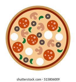 Pizza with salami, sausage, mushrooms, onion, olives.Pizza delivery.  Cartoon flat image