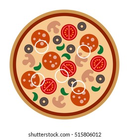 Pizza with salami, sausage, mushrooms, onion, olives, tomatoes.Pizza delivery.  Cartoon flat image