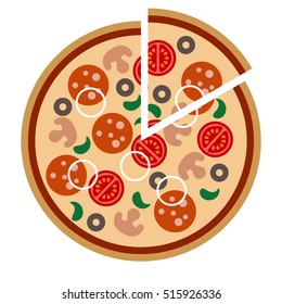 Pizza with salami, sausage, mushrooms, onion, olives, tomatoes; slice. Cartoon flat image.Pizza logo