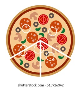 Pizza with salami, sausage, mushrooms, onion, olives, tomatoes; slice.  Cartoon flat image.Pizza logo