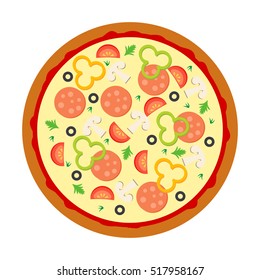 Pizza with salami, sausage, mushrooms,olives.Pizza delivery. Cartoon flat image