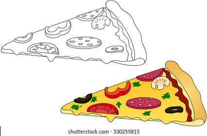 Pizza with salami, tomato, mushrooms, peppers, olives. Coloring book for kids about food. Vector illustration