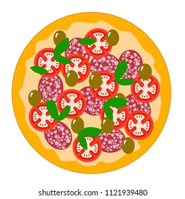 Pizza with salami and tomatoes