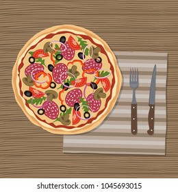 Pizza with salami, tomatoes and mushrooms. Pizza on wooden background. There is also a knife and fork on a napkin. Vector illustration.