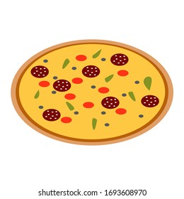 Pizza with salami and tomatoes. Vector isolated painting. Icon
