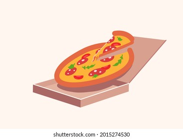 Pizza mit Salami und Gemüse und Pizzaauflage auf Pappverpackung Vektorisometrie