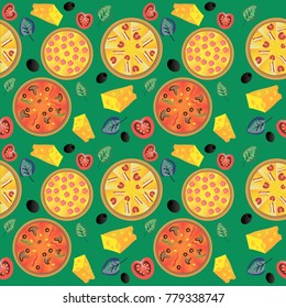 Pizza samples. A vector image of pizza and ingredients: cheese, olives, tomatoes, basil