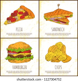 Pizza sandwich hamburger and chips appetizer set, isolated on bright backdrop fast food cards, baked and roasted meal, unhealthy nutrition banner