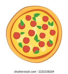 Pizza with sauce and stuffing ingredients for pizzeria. Pizza from restaurant menu isolated on background