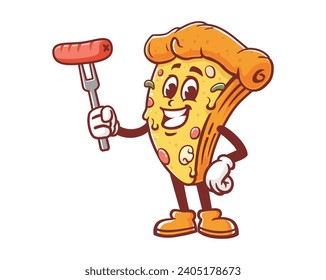 Pizza with sausage cartoon mascot illustration character vector clip art