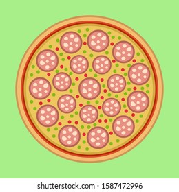 Pizza with sausage. Pizza. Meal. Fast food. Simple illustration. Vector graphics. Vector. Flat style. Illustration.