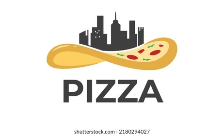 Pizza with sausage and mushrooms delivering logo. Piece of pie fastfood sign concept. Creative cafe, pizzeria, restaurant, lunch bar courier service icon. Abstract isolated graphic design template.
