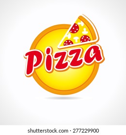 Pizza with sausage and mushrooms delivering logo. Piece of pie fastfood sign concept. Creative cafe, pizzeria, restaurant, lunch bar courier service icon. Abstract isolated graphic design template.