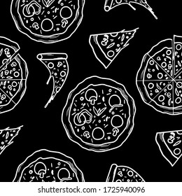 Pizza with sausage and mushrooms on a black background, pizza on a black background