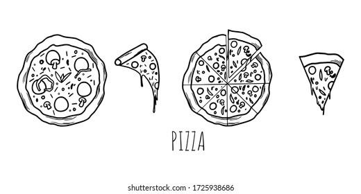 Pizza with sausage and mushrooms on a white plate, pizza on a white plate