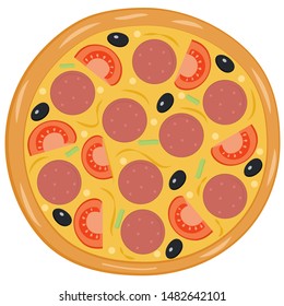 Pizza with sausage, olives and tomatoes vector isolated image I flat style