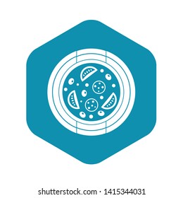 Pizza with sausage, tomatoes and olives icon. Simple illustration of pizza with sausage, tomatoes and olives vector icon for web