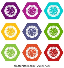 Pizza with sausage, tomatoes and olives icon set many color hexahedron isolated on white vector illustration