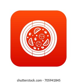 Pizza with sausage, tomatoes and olives icon digital red for any design isolated on white vector illustration