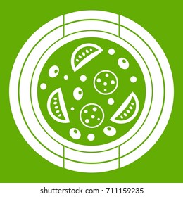 Pizza with sausage, tomatoes and olives icon white isolated on green background. Vector illustration