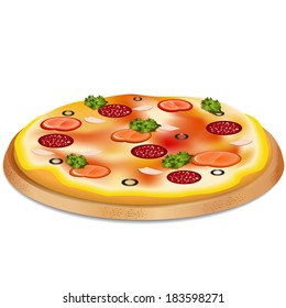 pizza with sausage, tomatoes and olives on a wooden board