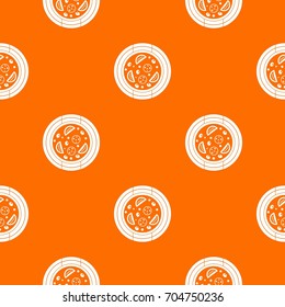 Pizza with sausage, tomatoes and olives pattern repeat seamless in orange color for any design. Vector geometric illustration