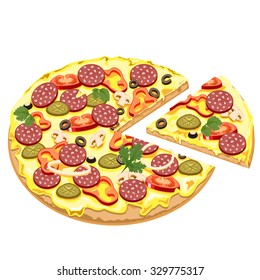 Pizza with sausage and vegetables on a white background.