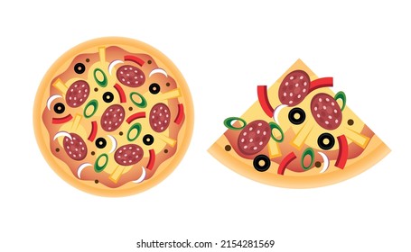 Pizza with sausage, whole and slice. Vector stock illustration