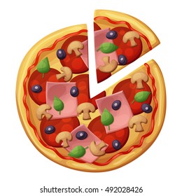 Pizza with sausages, ham, mushrooms, olives. Top view. Cartoon vector icon isolated on white background.