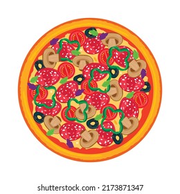 Pizza with sausages, peppers, mushrooms, olives, tomatoes and basil on a light background, vector image, fast food background graphics.