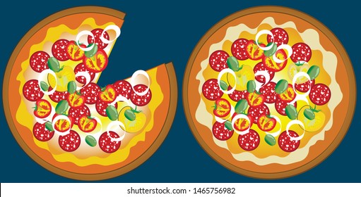Pizza with sausages, tomatoes, cheese, onions, olives, with bechamel sauce on a thick dough