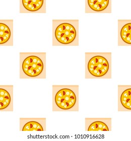 Pizza with sausages, tomatoes and mushrooms pattern seamless flat style for web vector illustration
