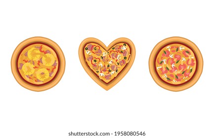 Pizza as Savory Italian Dish with Round Flattened Dough Topped with Sliced Tomatoes and Wurst Above View Vector Set