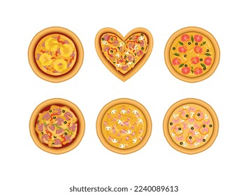 Pizza as Savory Italian Dish with Round Flattened Dough Topped with Different Ingredients Above View Vector Set