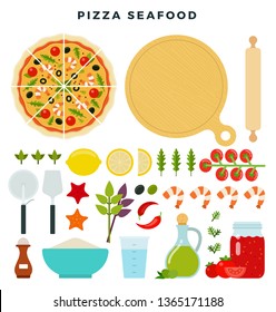 Pizza With Seafood And All Ingredients For Cooking It. Make Your Pizza. Set Of Products And Tools For Pizza Making. Everything For Dough, Filling And Sauce. Vector Illustration In Flat Style.