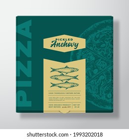 Pizza with Seafood Anchovy Fish Realistic Cardboard Box Mockup. Abstract Vector Packaging Design or Label. Modern Typography, Sketch Food and Color Paper Background Layout. Isolated.