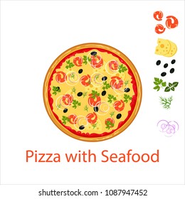 Pizza with seafood flat icon isolated on white background. Pizza food silhouette. Food menu illustration isolated. Vector design element