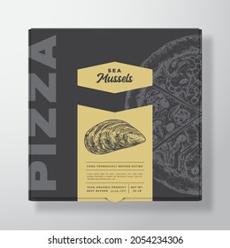 Pizza with Seafood Mussel Realistic Cardboard Box Mockup. Abstract Vector Packaging Design or Label. Modern Typography, Sketch Food and Color Paper Background Layout. Isolated.