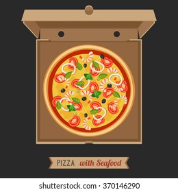 Pizza with Seafood in the opened cardboard box.